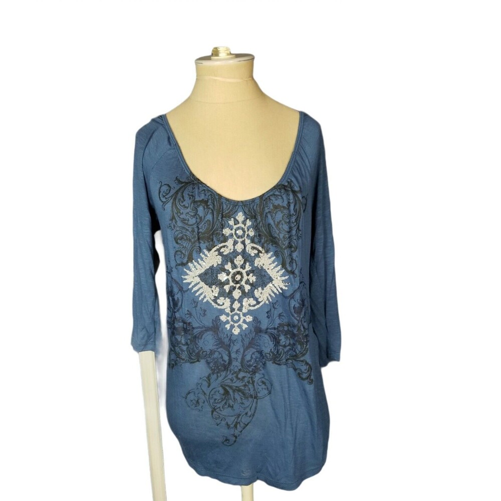 Susan Lawrence Women's Embellished Boho Long Sleeve  Blue Top T-Shirt Small